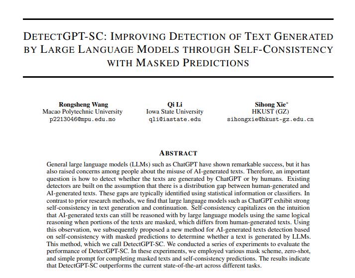 DetectGPT-SC: Improving Detection of Text Generated by Large Language Models through Self-Consistency with Masked Predictions
