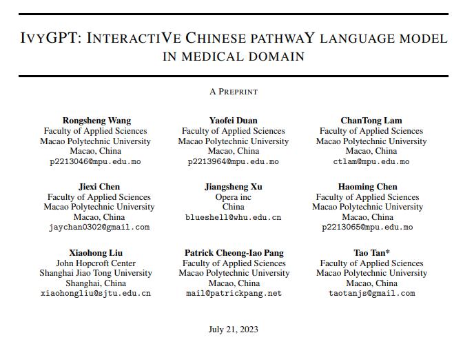 IvyGPT: InteractiVe Chinese pathwaY language model in medical domain